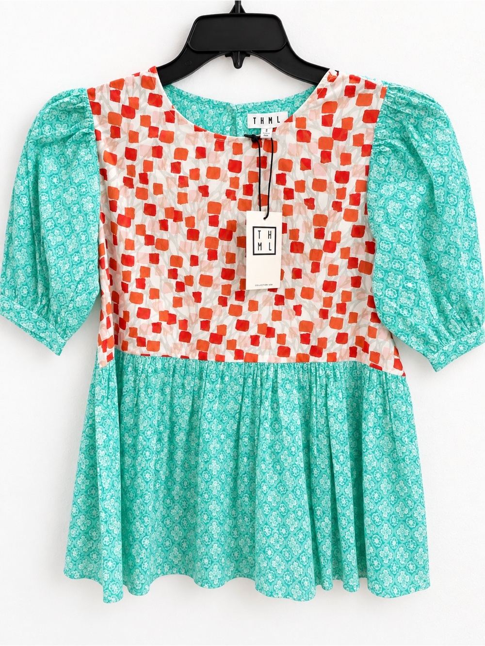 THML Mixed-Print Puff Sleeve Top in Aqua and Red-Orange